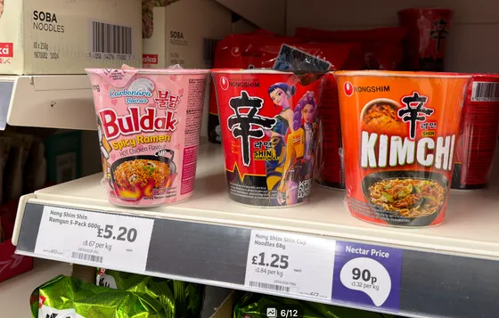 Sainsbury’s Sheffield City Centre retail observation: Korean ramyun shelf presence; Shin Ramyun commands the most visible position, overall variety is narrow.