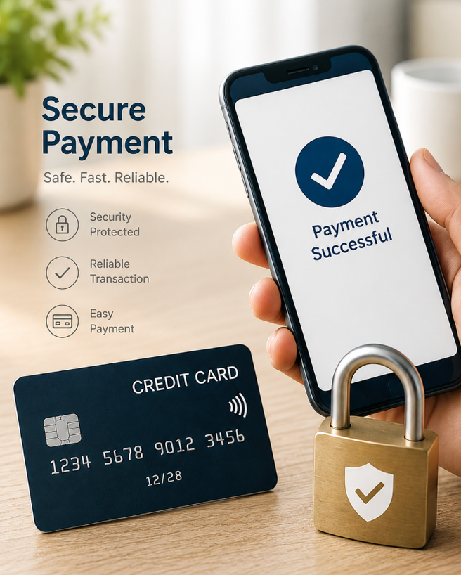 Secure payment concept visual showing a phone confirmation, credit card, and padlock to represent trusted digital authentication.